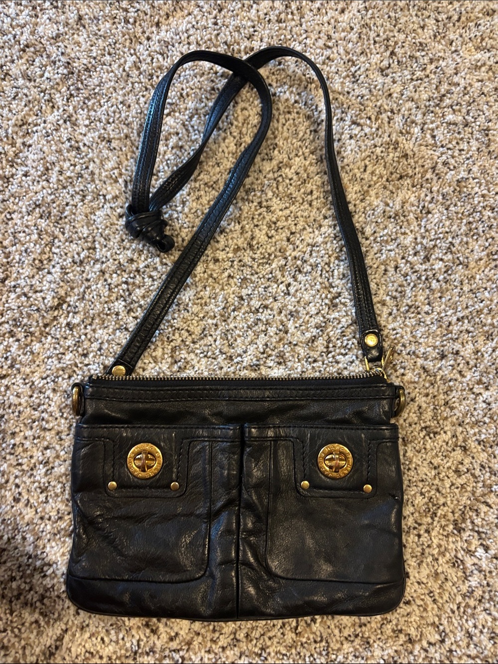 Vintage Marc By Marc Jacobs Black Leather Crossbody Bag with Gold Accents